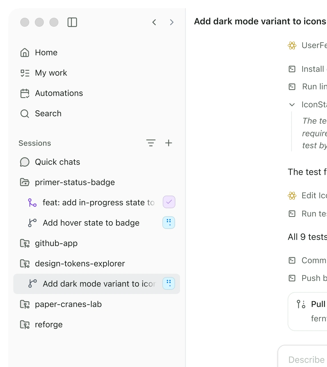 App sidebar with Home, My work, Automations, and 搜索, plus a Sessions list; a dark-mode icon session is selected.