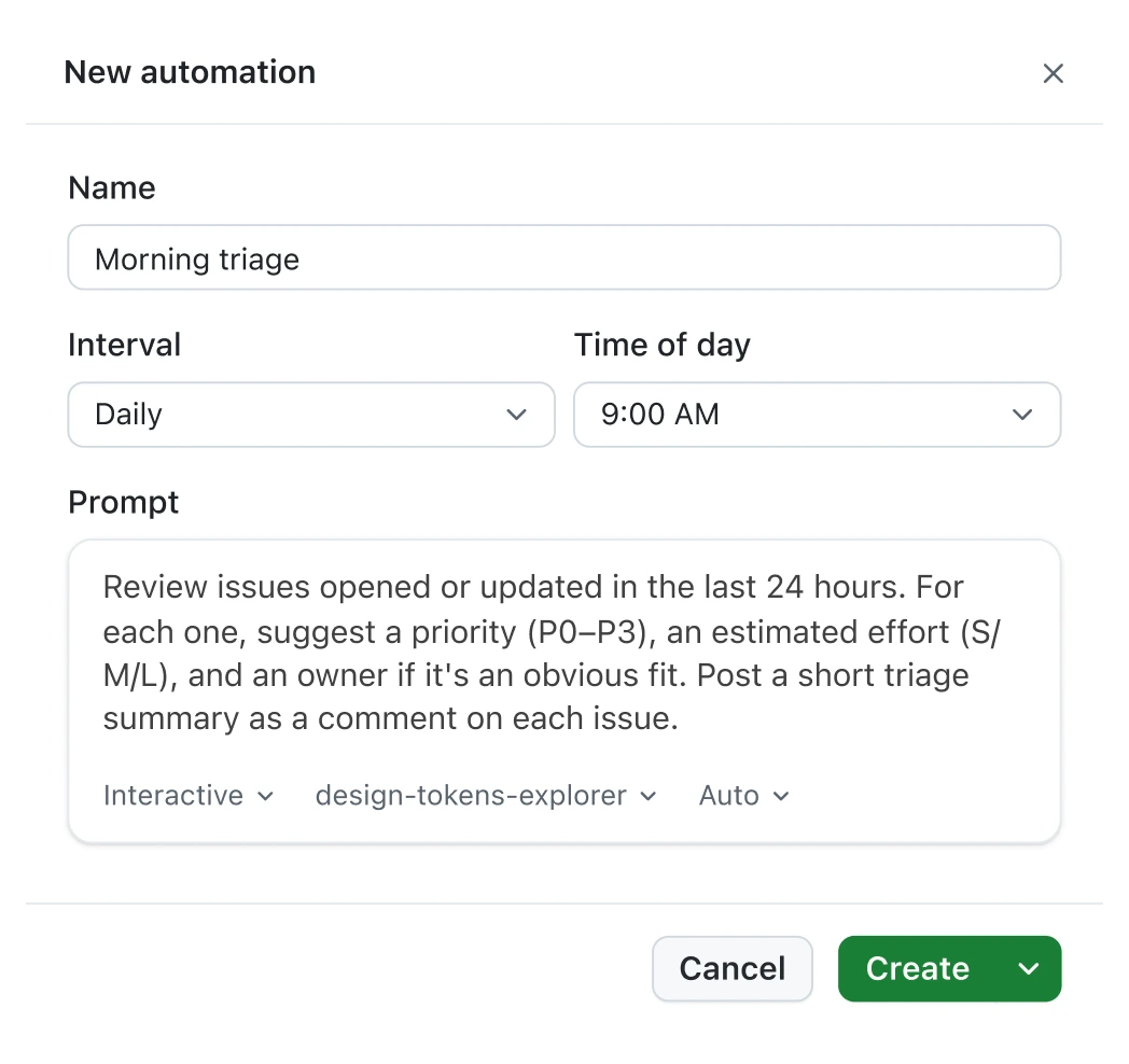 新建 workflow dialog: name 'Morning triage', Daily interval, auto-run enabled, issue-triage prompt, Create button.